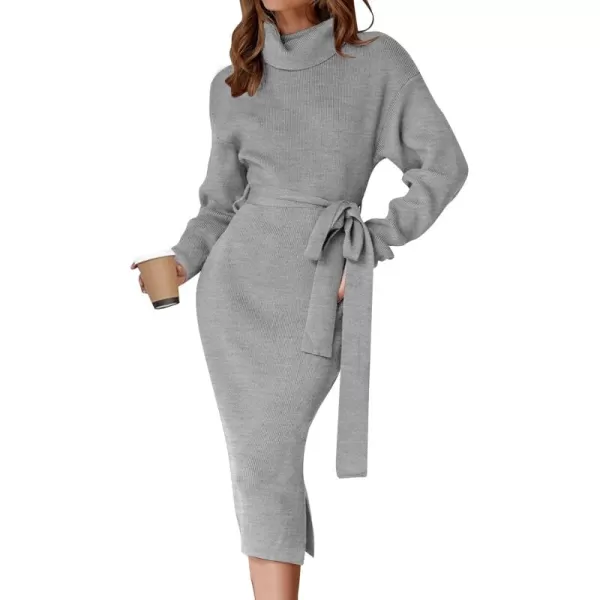 ZESICA Womens Turtleneck Sweater Midi Dress Long Sleeve Ribbed Knit Bodycon Slit Dress with BeltGrey