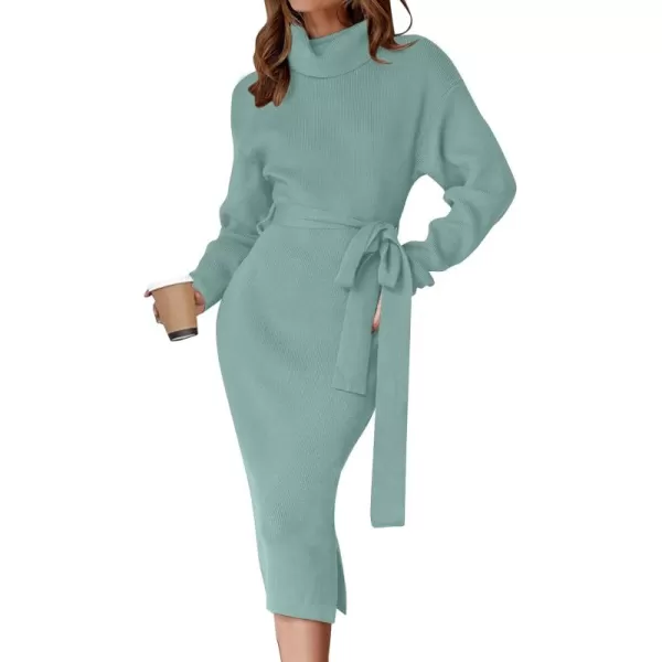 ZESICA Womens Turtleneck Sweater Midi Dress Long Sleeve Ribbed Knit Bodycon Slit Dress with BeltLake