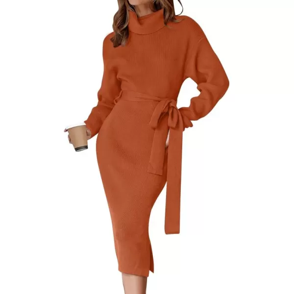 ZESICA Womens Turtleneck Sweater Midi Dress Long Sleeve Ribbed Knit Bodycon Slit Dress with BeltMaple