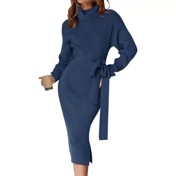 ZESICA Womens Turtleneck Sweater Midi Dress Long Sleeve Ribbed Knit Bodycon Slit Dress with BeltNavy
