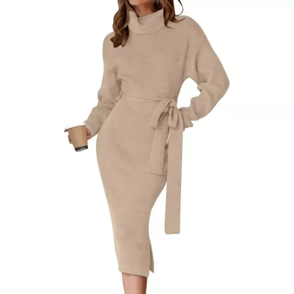 ZESICA Womens Turtleneck Sweater Midi Dress Long Sleeve Ribbed Knit Bodycon Slit Dress with BeltOatmeal