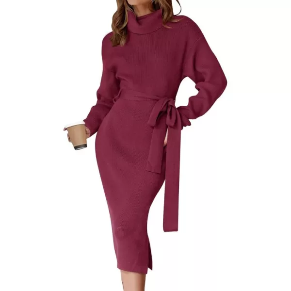 ZESICA Womens Turtleneck Sweater Midi Dress Long Sleeve Ribbed Knit Bodycon Slit Dress with BeltPlum