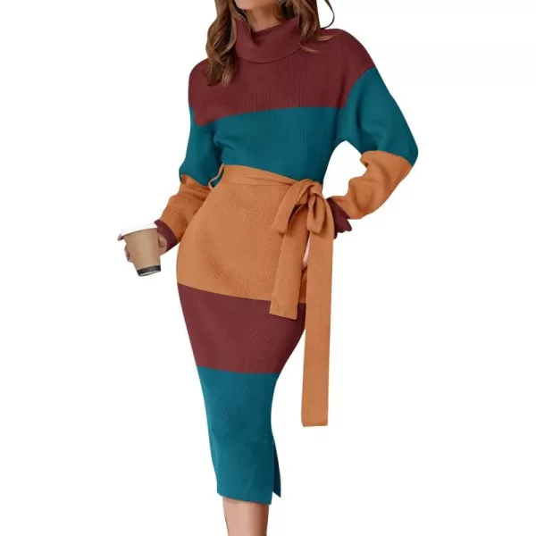 ZESICA Womens Turtleneck Sweater Midi Dress Long Sleeve Ribbed Knit Bodycon Slit Dress with BeltTeal