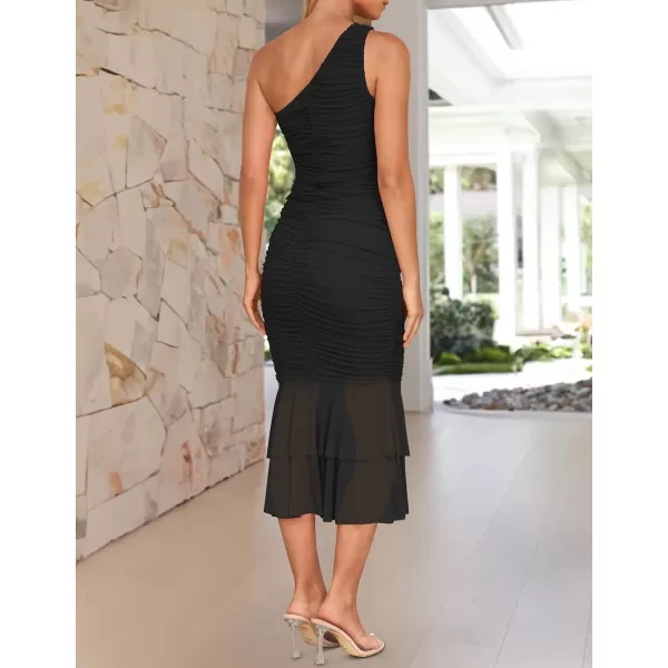 ZESICA Womens One Shoulder Summer Dress Sleeveless Mesh Ruched Bodycon Sexy Formal Cocktail Midi DressesBlack
