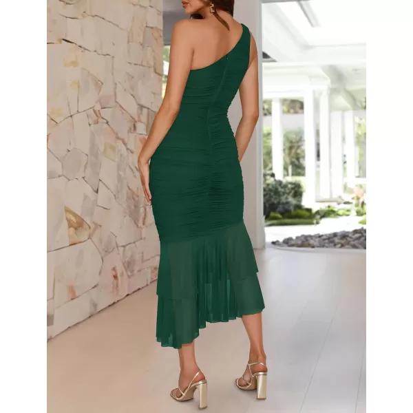 ZESICA Womens One Shoulder Summer Dress Sleeveless Mesh Ruched Bodycon Sexy Formal Cocktail Midi DressesDarkgreen