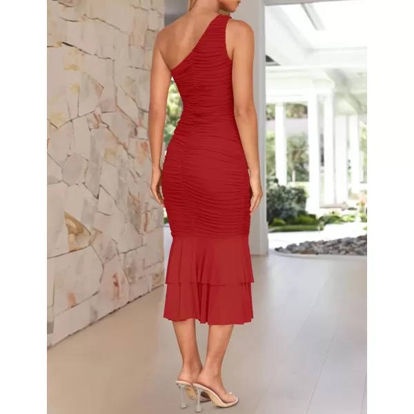 ZESICA Womens One Shoulder Summer Dress Sleeveless Mesh Ruched Bodycon Sexy Formal Cocktail Midi DressesRed