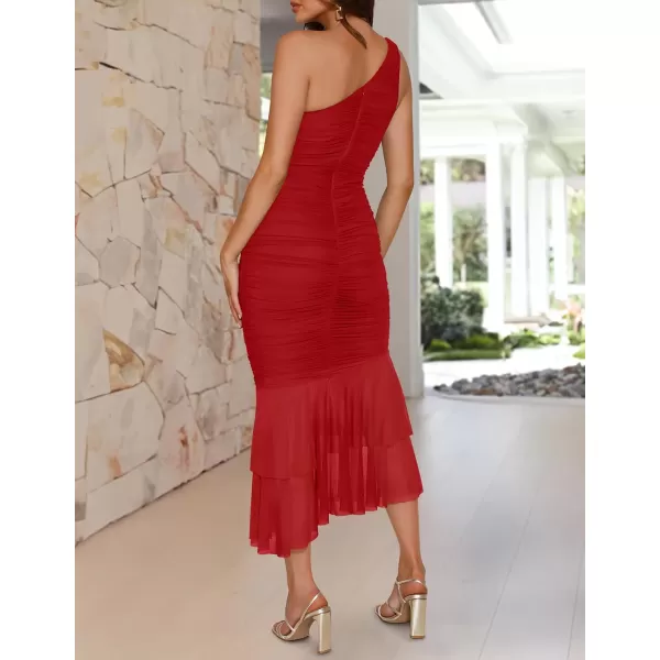ZESICA Womens One Shoulder Summer Dress Sleeveless Mesh Ruched Bodycon Sexy Formal Cocktail Midi DressesRed