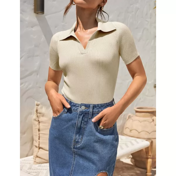 ZESICA Womens Short Sleeve V Neck T Shirts 2024 Summer Ribbed Knit Slim Fitted Basic Solid Color Tee TopsAlmond