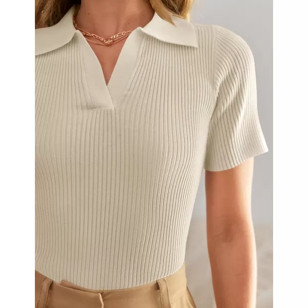 ZESICA Womens Short Sleeve V Neck T Shirts 2024 Summer Ribbed Knit Slim Fitted Basic Solid Color Tee TopsAlmond