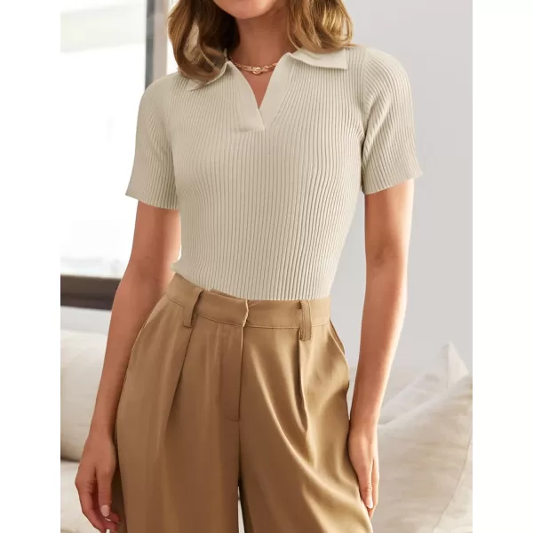 ZESICA Womens Short Sleeve V Neck T Shirts 2024 Summer Ribbed Knit Slim Fitted Basic Solid Color Tee TopsAlmond