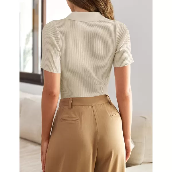 ZESICA Womens Short Sleeve V Neck T Shirts 2024 Summer Ribbed Knit Slim Fitted Basic Solid Color Tee TopsAlmond