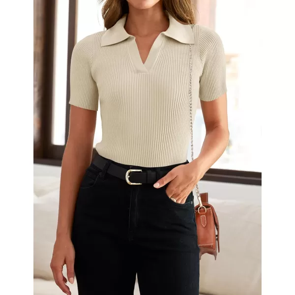 ZESICA Womens Short Sleeve V Neck T Shirts 2024 Summer Ribbed Knit Slim Fitted Basic Solid Color Tee TopsAlmond
