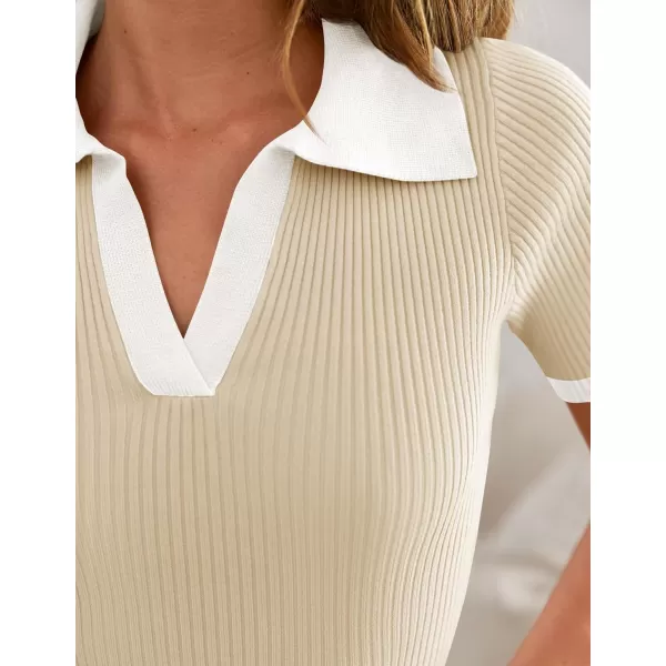 ZESICA Womens Short Sleeve V Neck T Shirts 2024 Summer Ribbed Knit Slim Fitted Basic Solid Color Tee TopsApricot