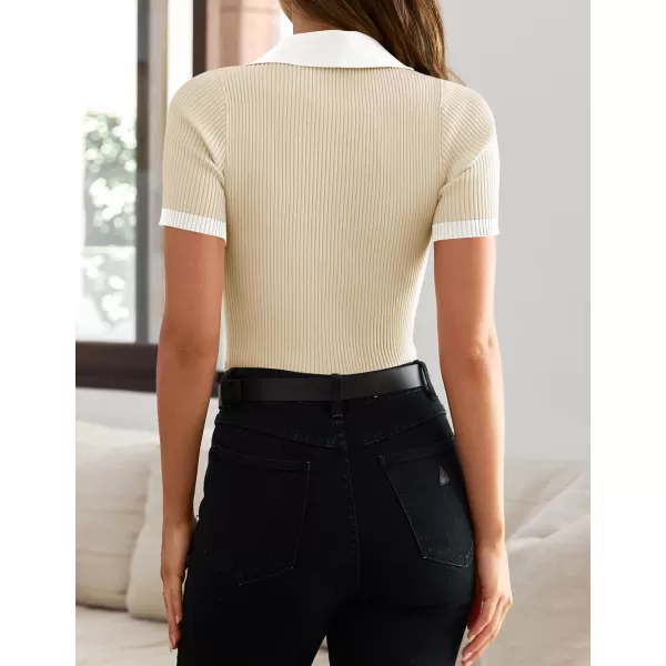 ZESICA Womens Short Sleeve V Neck T Shirts 2024 Summer Ribbed Knit Slim Fitted Basic Solid Color Tee TopsApricot