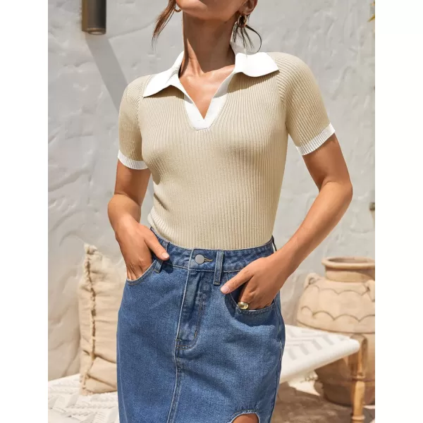 ZESICA Womens Short Sleeve V Neck T Shirts 2024 Summer Ribbed Knit Slim Fitted Basic Solid Color Tee TopsApricot
