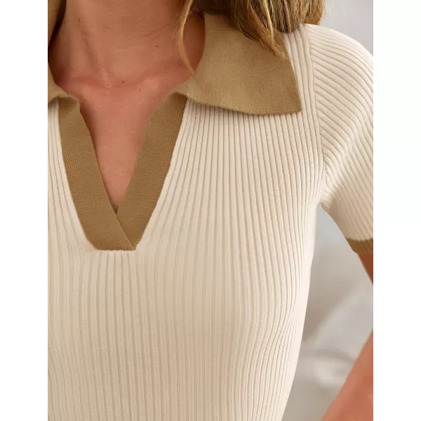 ZESICA Womens Short Sleeve V Neck T Shirts 2024 Summer Ribbed Knit Slim Fitted Basic Solid Color Tee TopsBeige