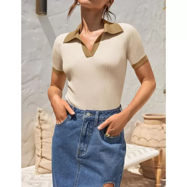 ZESICA Womens Short Sleeve V Neck T Shirts 2024 Summer Ribbed Knit Slim Fitted Basic Solid Color Tee TopsBeige