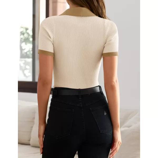 ZESICA Womens Short Sleeve V Neck T Shirts 2024 Summer Ribbed Knit Slim Fitted Basic Solid Color Tee TopsBeige