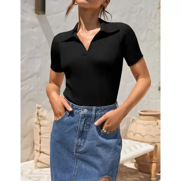 ZESICA Womens Short Sleeve V Neck T Shirts 2024 Summer Ribbed Knit Slim Fitted Basic Solid Color Tee TopsBlack