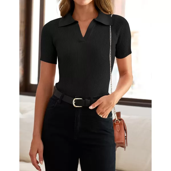 ZESICA Womens Short Sleeve V Neck T Shirts 2024 Summer Ribbed Knit Slim Fitted Basic Solid Color Tee TopsBlack