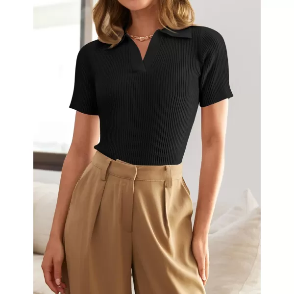 ZESICA Womens Short Sleeve V Neck T Shirts 2024 Summer Ribbed Knit Slim Fitted Basic Solid Color Tee TopsBlack