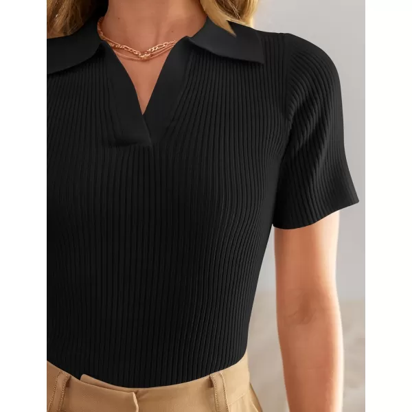 ZESICA Womens Short Sleeve V Neck T Shirts 2024 Summer Ribbed Knit Slim Fitted Basic Solid Color Tee TopsBlack