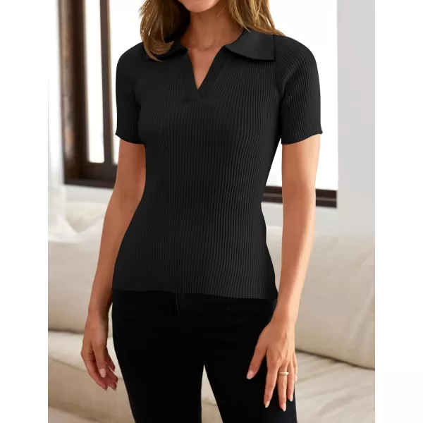 ZESICA Womens Short Sleeve V Neck T Shirts 2024 Summer Ribbed Knit Slim Fitted Basic Solid Color Tee TopsBlack