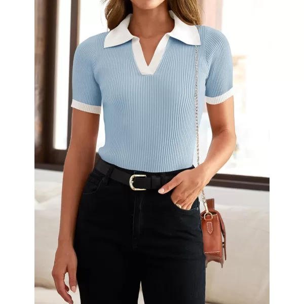 ZESICA Womens Short Sleeve V Neck T Shirts 2024 Summer Ribbed Knit Slim Fitted Basic Solid Color Tee TopsBlue