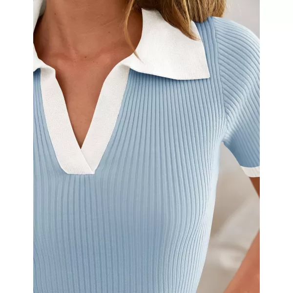 ZESICA Womens Short Sleeve V Neck T Shirts 2024 Summer Ribbed Knit Slim Fitted Basic Solid Color Tee TopsBlue