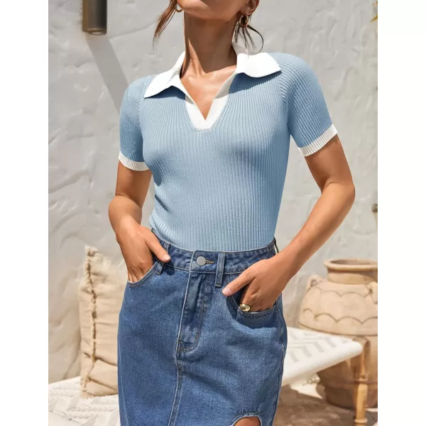 ZESICA Womens Short Sleeve V Neck T Shirts 2024 Summer Ribbed Knit Slim Fitted Basic Solid Color Tee TopsBlue