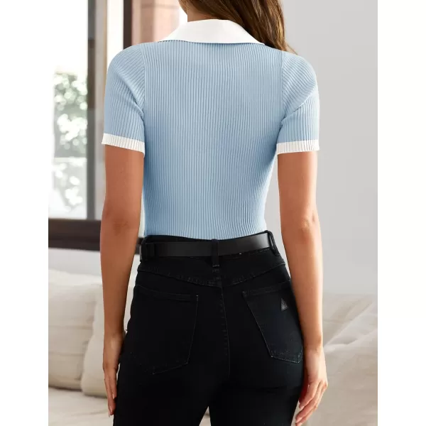 ZESICA Womens Short Sleeve V Neck T Shirts 2024 Summer Ribbed Knit Slim Fitted Basic Solid Color Tee TopsBlue