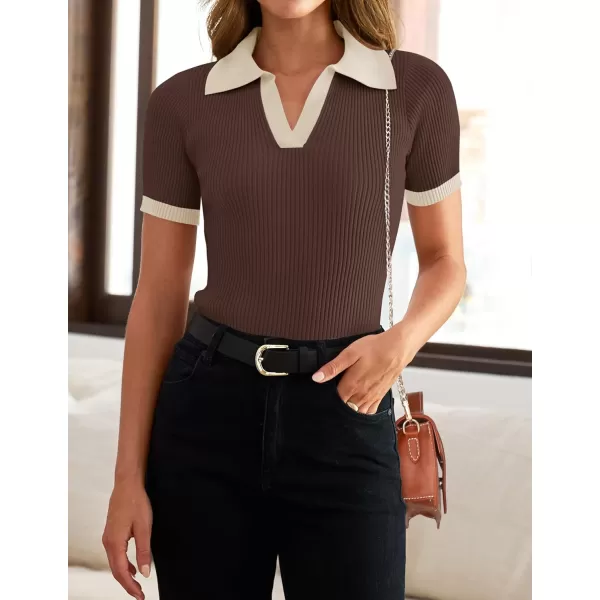 ZESICA Womens Short Sleeve V Neck T Shirts 2024 Summer Ribbed Knit Slim Fitted Basic Solid Color Tee TopsCoffee