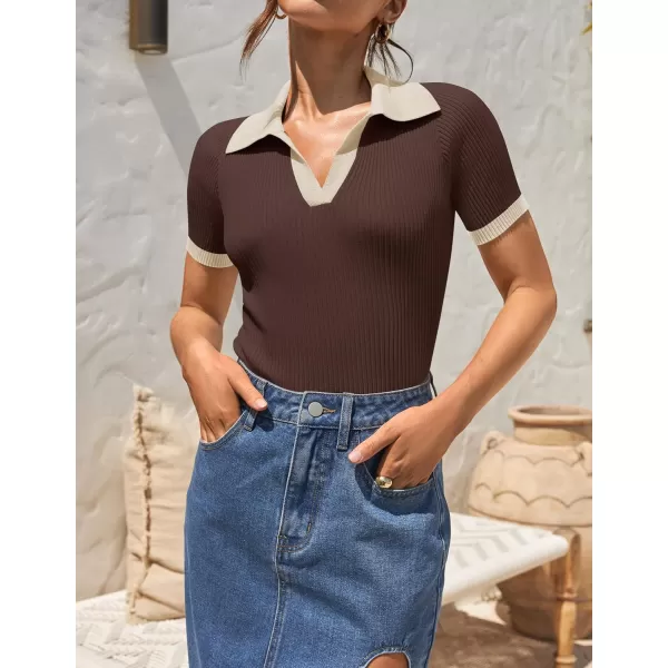 ZESICA Womens Short Sleeve V Neck T Shirts 2024 Summer Ribbed Knit Slim Fitted Basic Solid Color Tee TopsCoffee