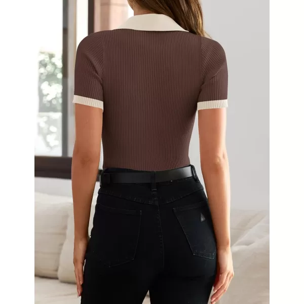 ZESICA Womens Short Sleeve V Neck T Shirts 2024 Summer Ribbed Knit Slim Fitted Basic Solid Color Tee TopsCoffee