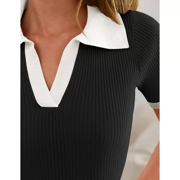ZESICA Womens Short Sleeve V Neck T Shirts 2024 Summer Ribbed Knit Slim Fitted Basic Solid Color Tee TopsDim