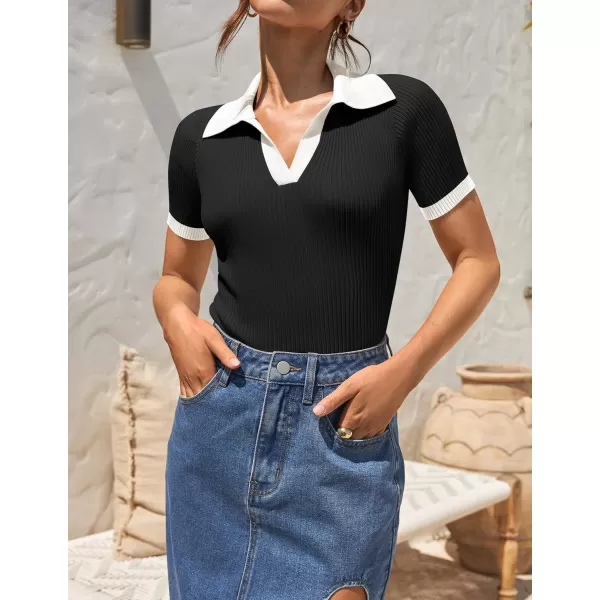 ZESICA Womens Short Sleeve V Neck T Shirts 2024 Summer Ribbed Knit Slim Fitted Basic Solid Color Tee TopsDim