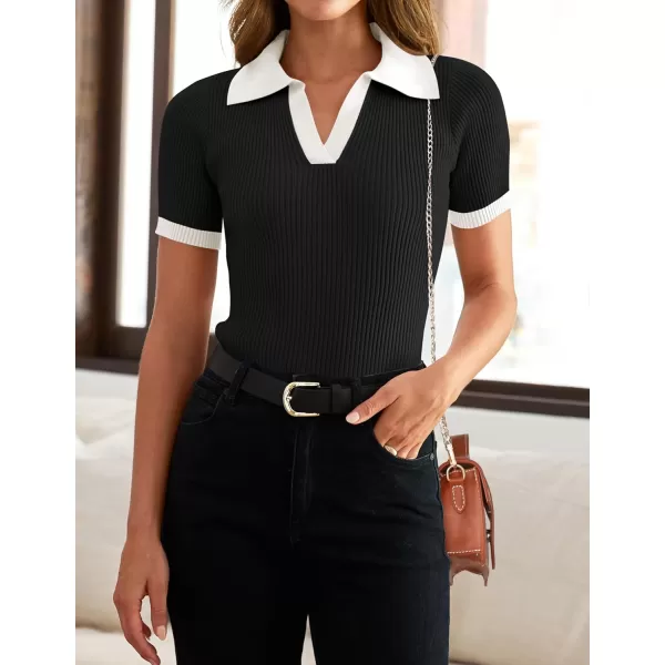 ZESICA Womens Short Sleeve V Neck T Shirts 2024 Summer Ribbed Knit Slim Fitted Basic Solid Color Tee TopsDim