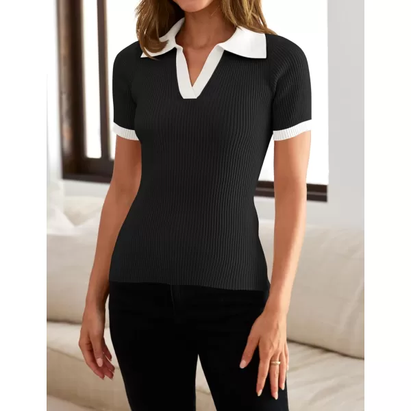 ZESICA Womens Short Sleeve V Neck T Shirts 2024 Summer Ribbed Knit Slim Fitted Basic Solid Color Tee TopsDim