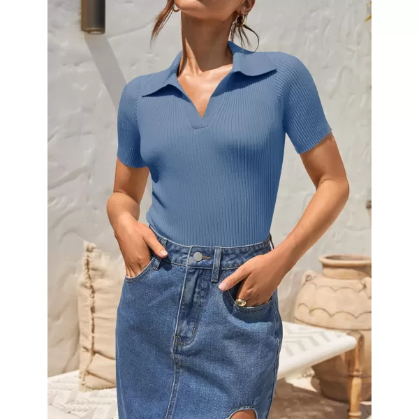 ZESICA Womens Short Sleeve V Neck T Shirts 2024 Summer Ribbed Knit Slim Fitted Basic Solid Color Tee TopsDustyblue