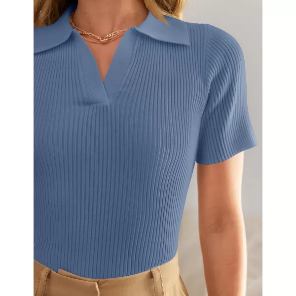 ZESICA Womens Short Sleeve V Neck T Shirts 2024 Summer Ribbed Knit Slim Fitted Basic Solid Color Tee TopsDustyblue