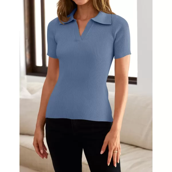 ZESICA Womens Short Sleeve V Neck T Shirts 2024 Summer Ribbed Knit Slim Fitted Basic Solid Color Tee TopsDustyblue