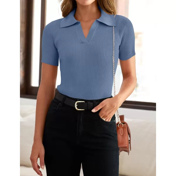 ZESICA Womens Short Sleeve V Neck T Shirts 2024 Summer Ribbed Knit Slim Fitted Basic Solid Color Tee TopsDustyblue