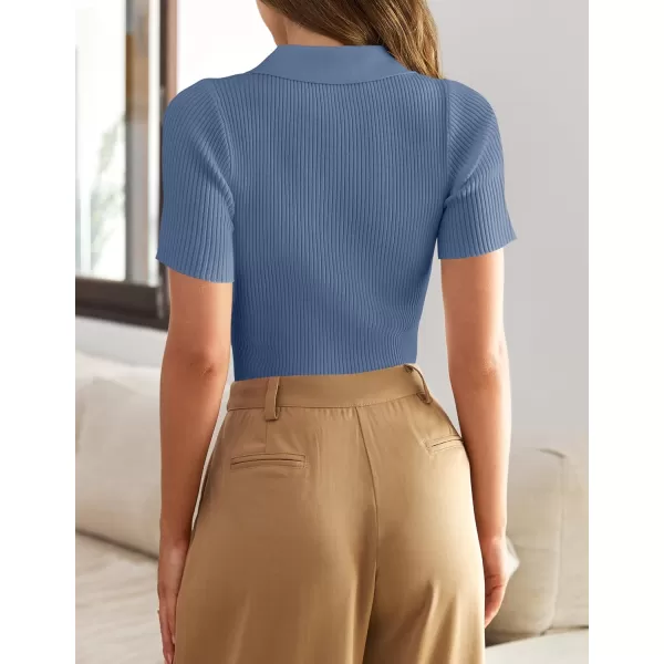 ZESICA Womens Short Sleeve V Neck T Shirts 2024 Summer Ribbed Knit Slim Fitted Basic Solid Color Tee TopsDustyblue