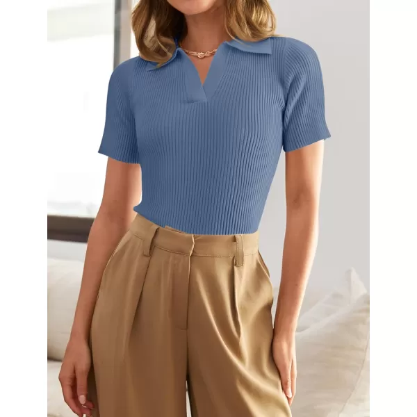ZESICA Womens Short Sleeve V Neck T Shirts 2024 Summer Ribbed Knit Slim Fitted Basic Solid Color Tee TopsDustyblue