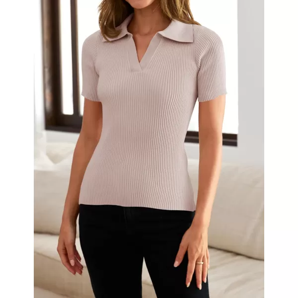 ZESICA Womens Short Sleeve V Neck T Shirts 2024 Summer Ribbed Knit Slim Fitted Basic Solid Color Tee TopsDustypink