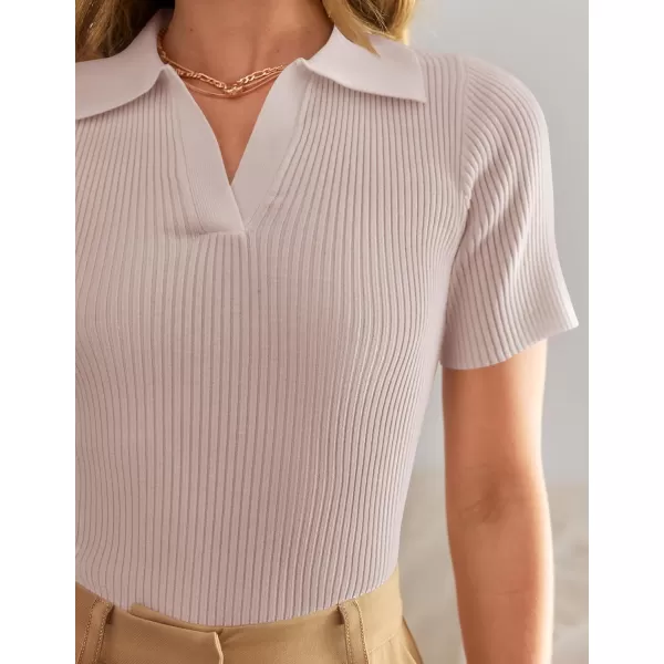 ZESICA Womens Short Sleeve V Neck T Shirts 2024 Summer Ribbed Knit Slim Fitted Basic Solid Color Tee TopsDustypink