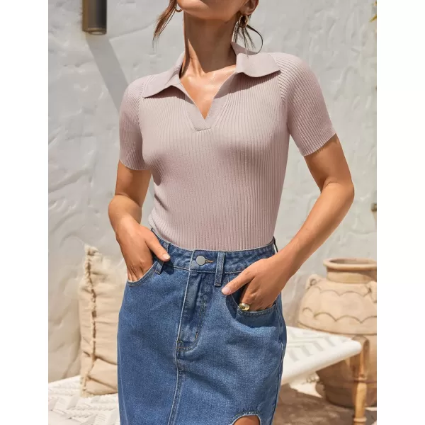 ZESICA Womens Short Sleeve V Neck T Shirts 2024 Summer Ribbed Knit Slim Fitted Basic Solid Color Tee TopsDustypink