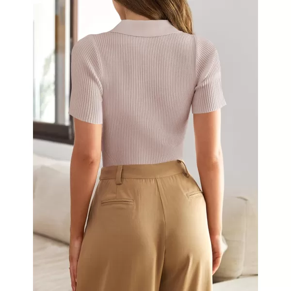 ZESICA Womens Short Sleeve V Neck T Shirts 2024 Summer Ribbed Knit Slim Fitted Basic Solid Color Tee TopsDustypink