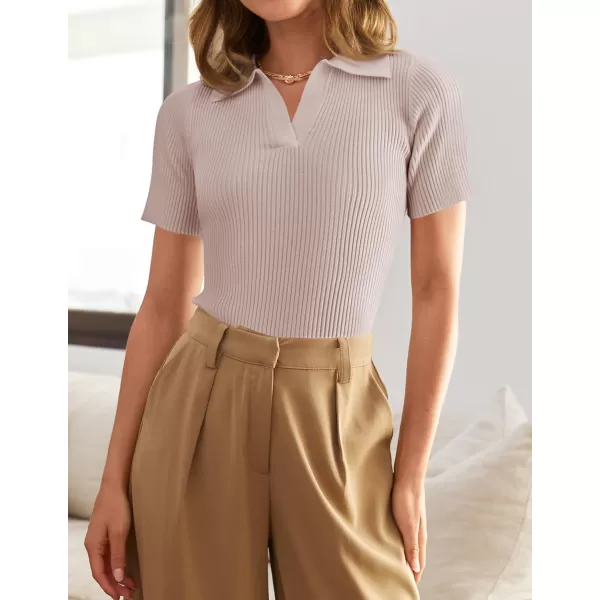 ZESICA Womens Short Sleeve V Neck T Shirts 2024 Summer Ribbed Knit Slim Fitted Basic Solid Color Tee TopsDustypink
