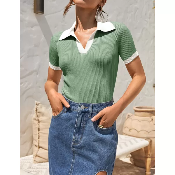 ZESICA Womens Short Sleeve V Neck T Shirts 2024 Summer Ribbed Knit Slim Fitted Basic Solid Color Tee TopsLight Green